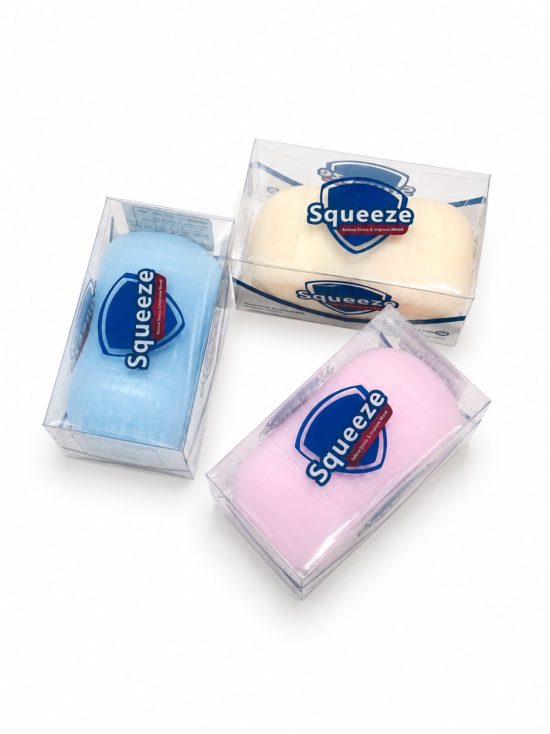 Crunchy Soap squishy sensory toy in blue, pink, yellow, and white