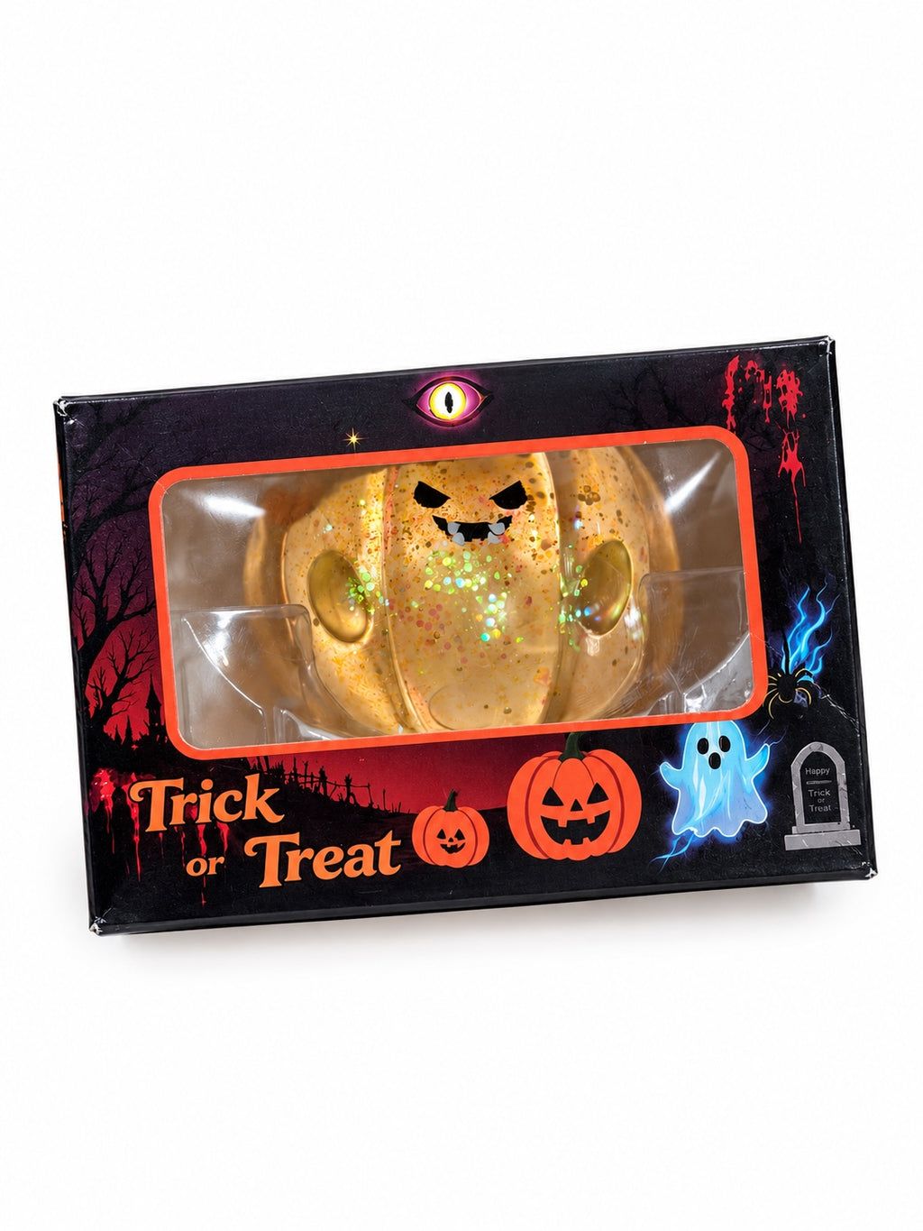 Glitter pumpkin Halloween squishy in Trick or Treat packaging